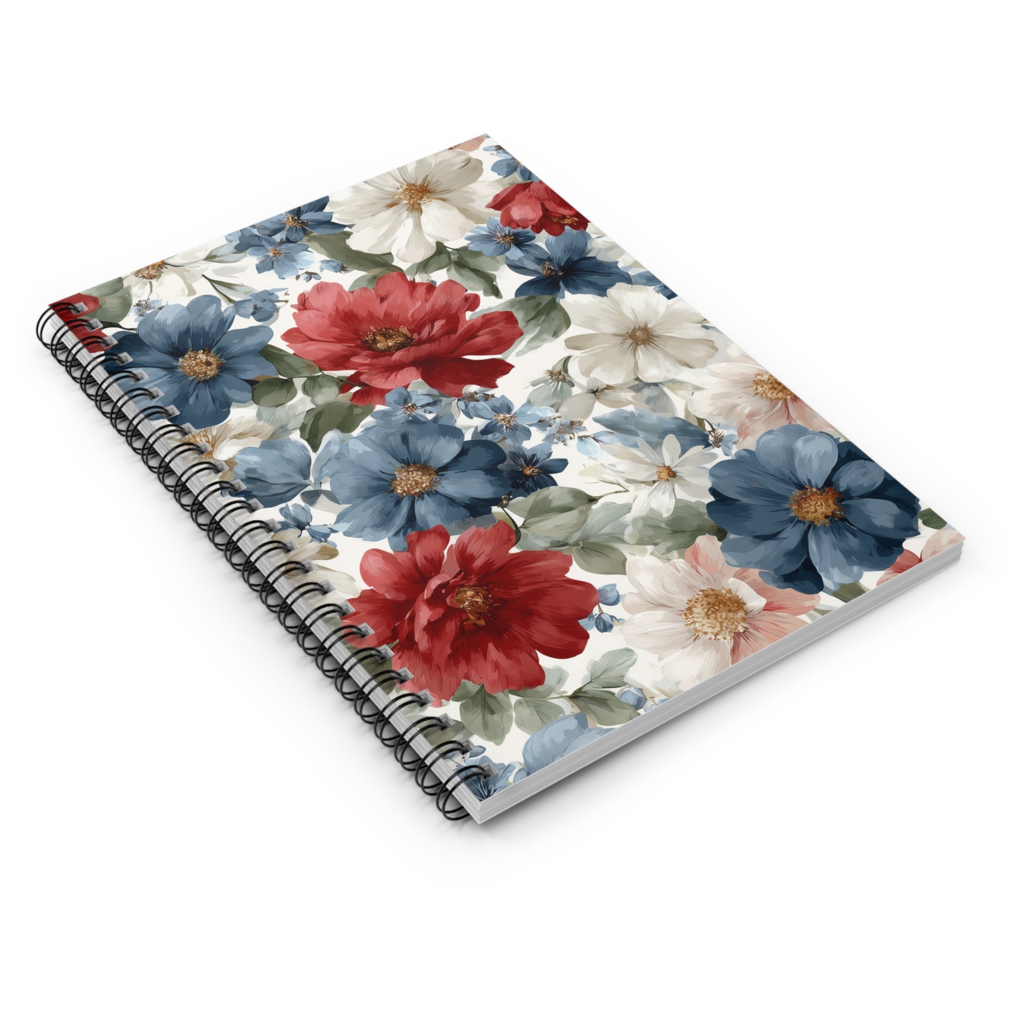 Floral Watercolor Spiral Notebook â€” Red, Blue & White Garden Blooms (Ruled)