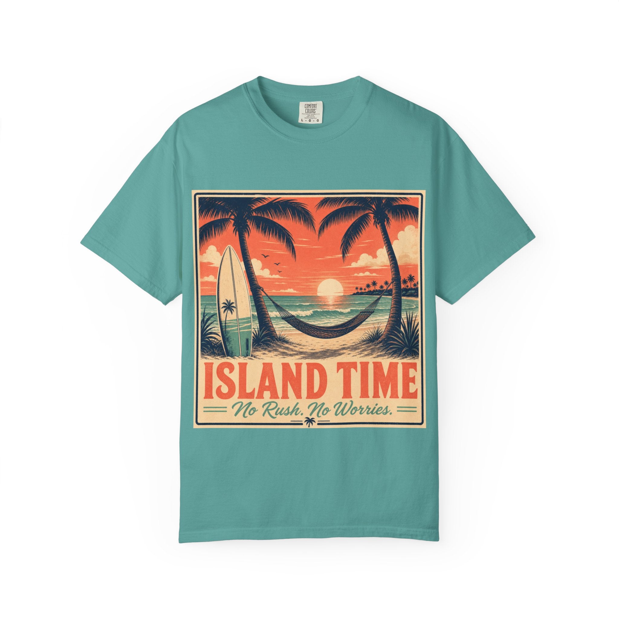 Island Time Graphic T-Shirt — "Island Time: No Rush, No Worries" Vintage Sunset Tee