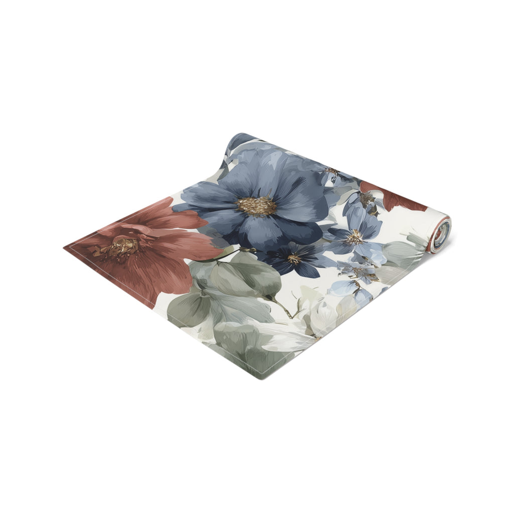 Floral Cotton-Poly Table Runner â€” Blue & Rust Watercolor Garden