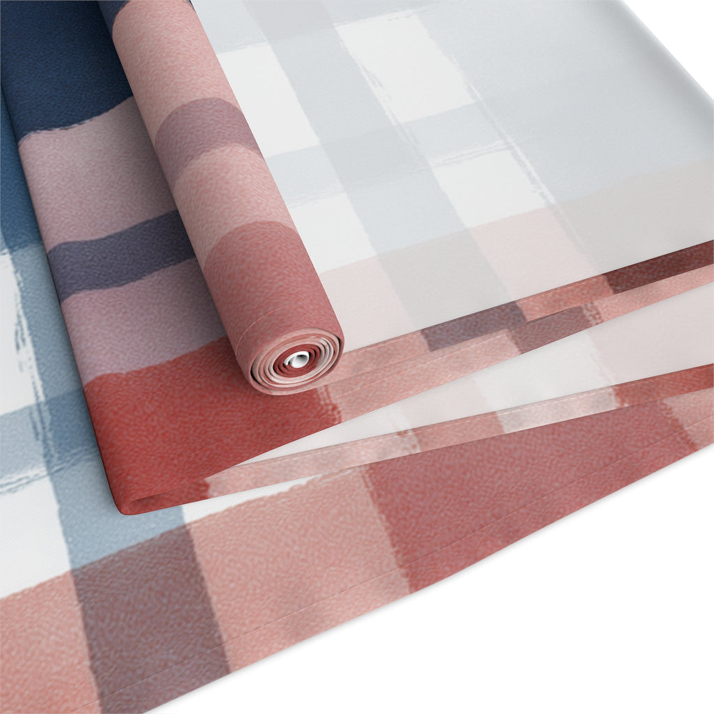 Plaid Watercolor Table Runner â€” Blue & Blush Cotton-Poly Decor
