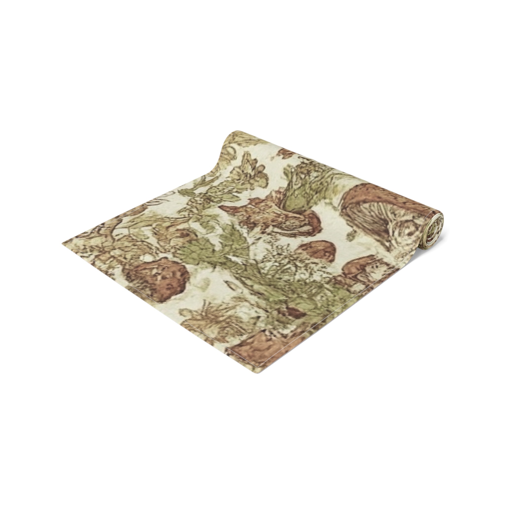 Mushroom Forest Table Runner â€” Vintage Botanical Cotton-Polyblend