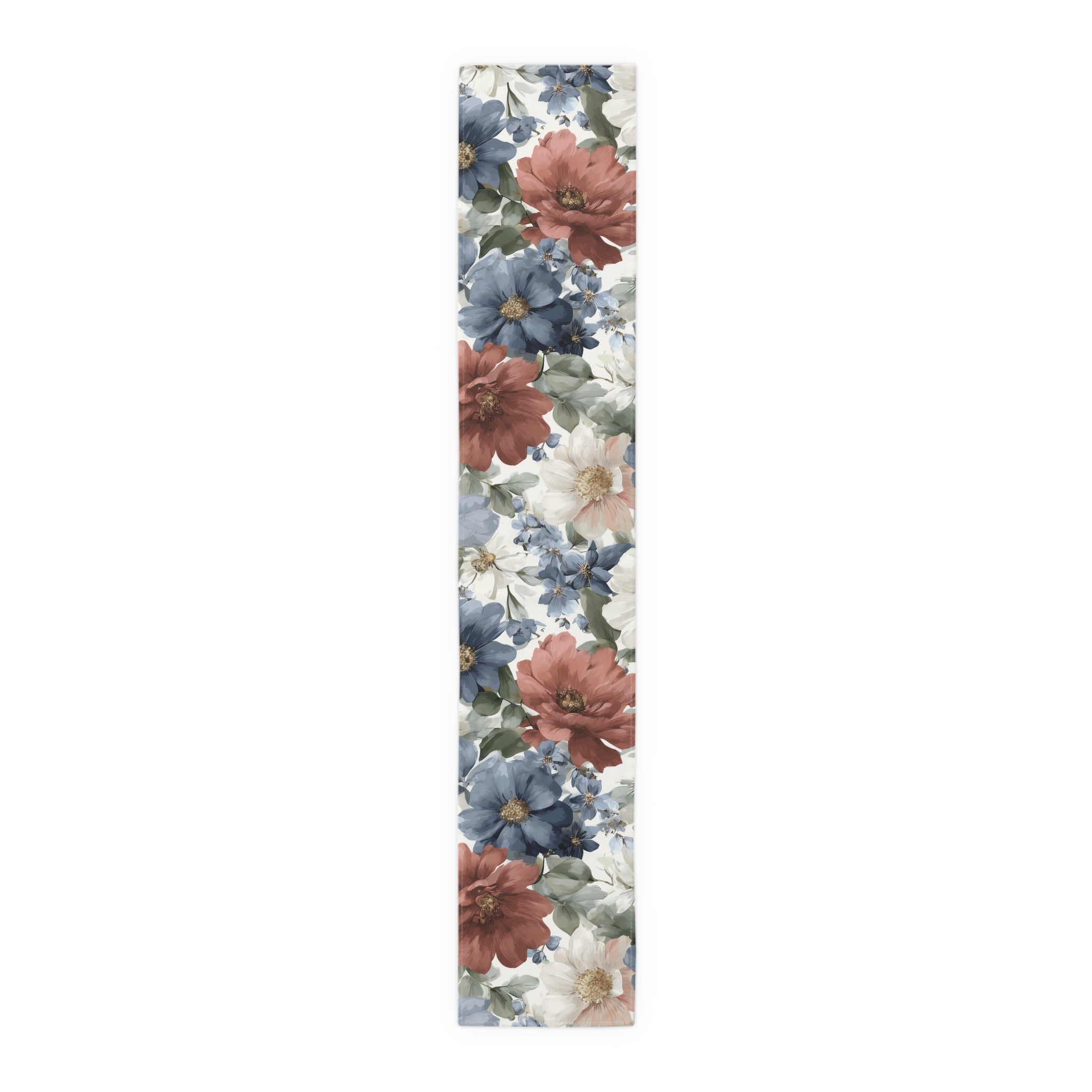 Floral Cotton-Poly Table Runner â€” Blue & Rust Watercolor Garden