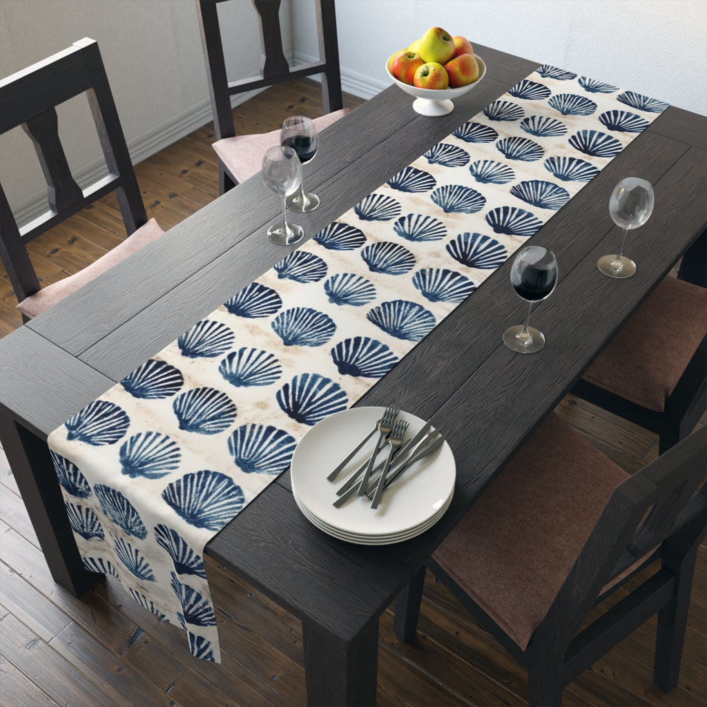 Coastal Navy Shell Table Runner â€“ Blue Seashell Cotton-Poly Dining Decor