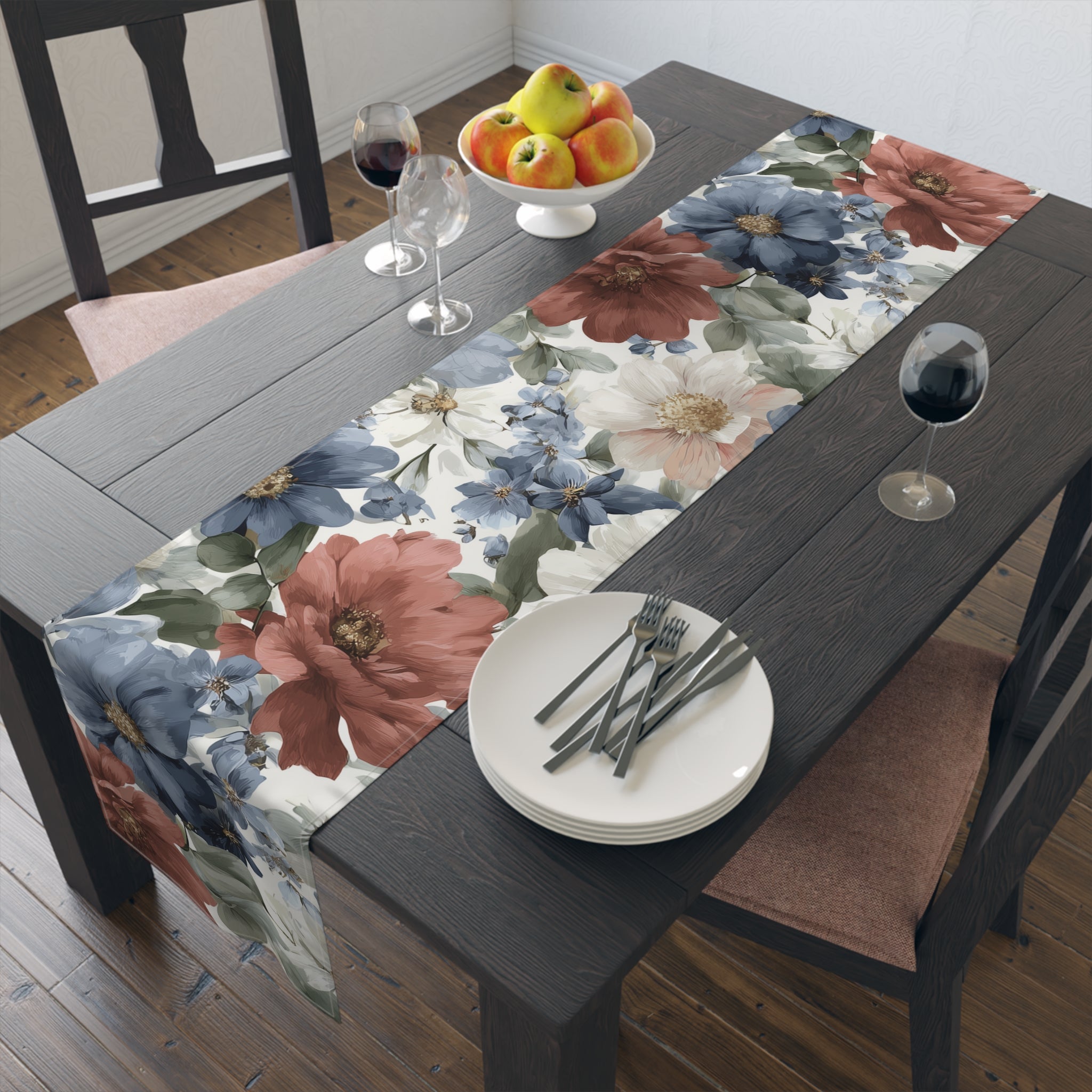 Floral Cotton-Poly Table Runner â€” Blue & Rust Watercolor Garden
