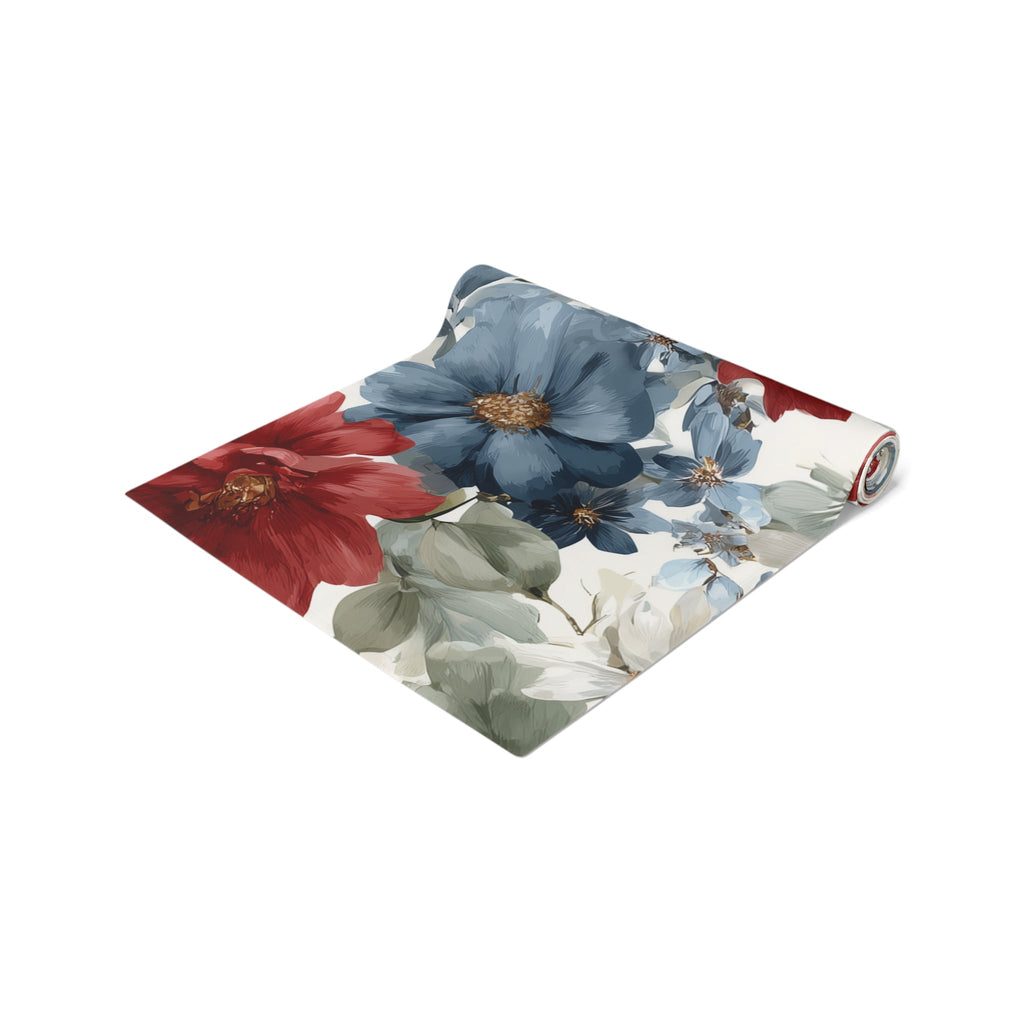Floral Cotton-Poly Table Runner â€” Blue & Rust Watercolor Garden