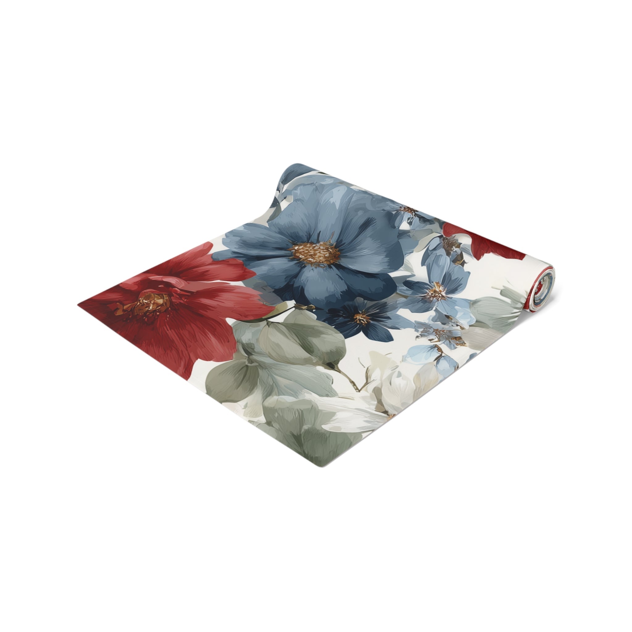Floral Cotton-Poly Table Runner â€” Blue & Rust Watercolor Garden