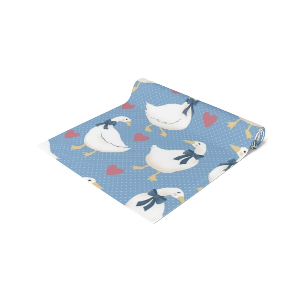 Goose Pattern Table Runner â€” Blue Cotton-Poly Dining Runner with Cute Hearts