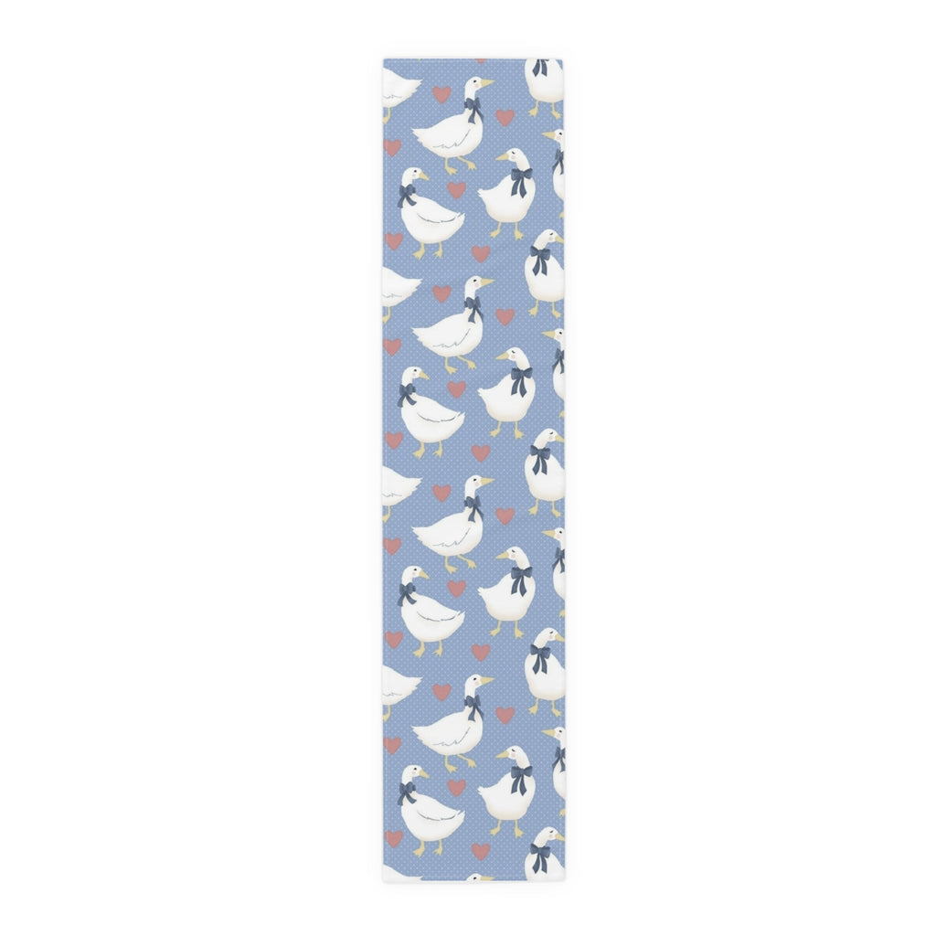 Goose Pattern Table Runner â€” Blue Cotton-Poly Dining Runner with Cute Hearts