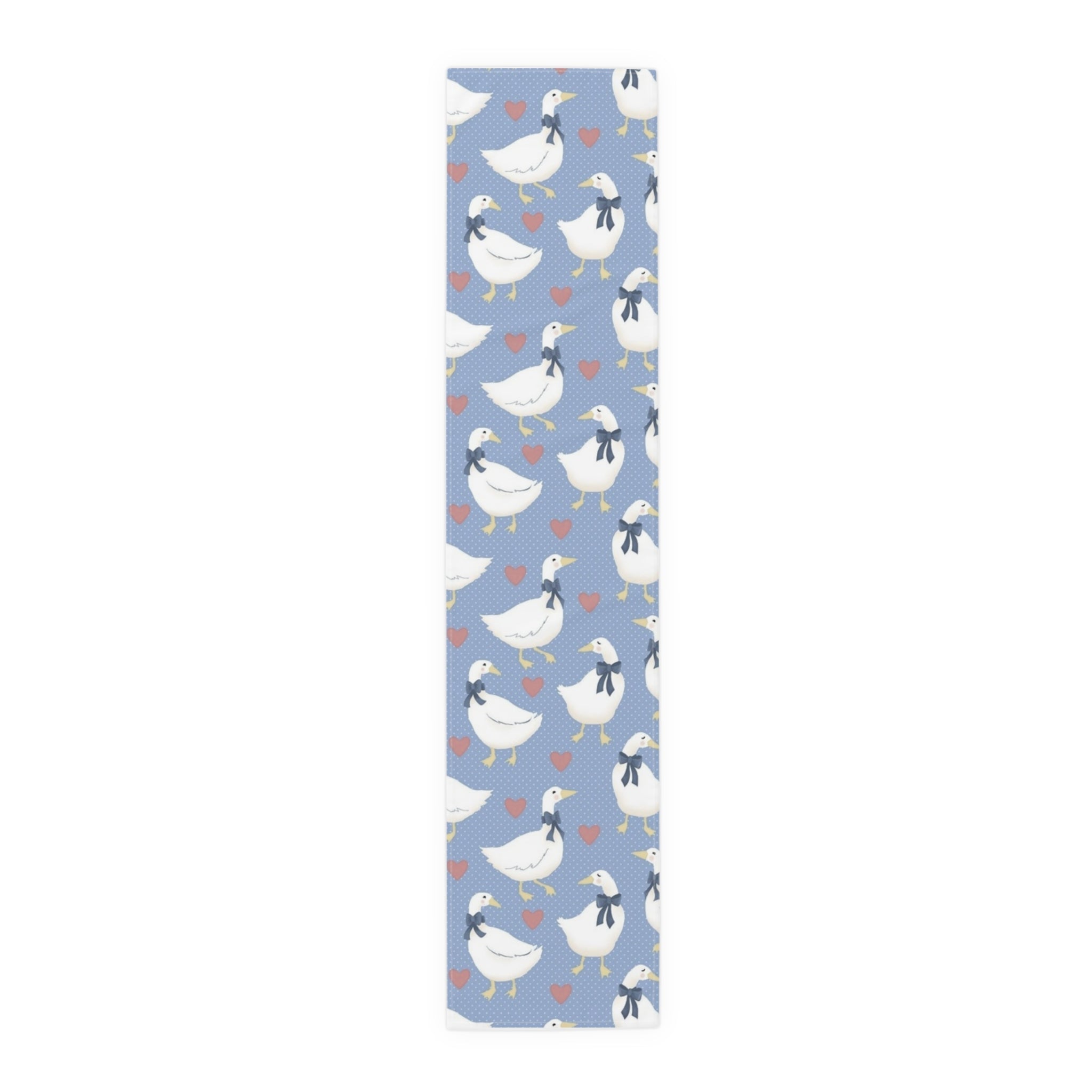 Goose Pattern Table Runner â€” Blue Cotton-Poly Dining Runner with Cute Hearts