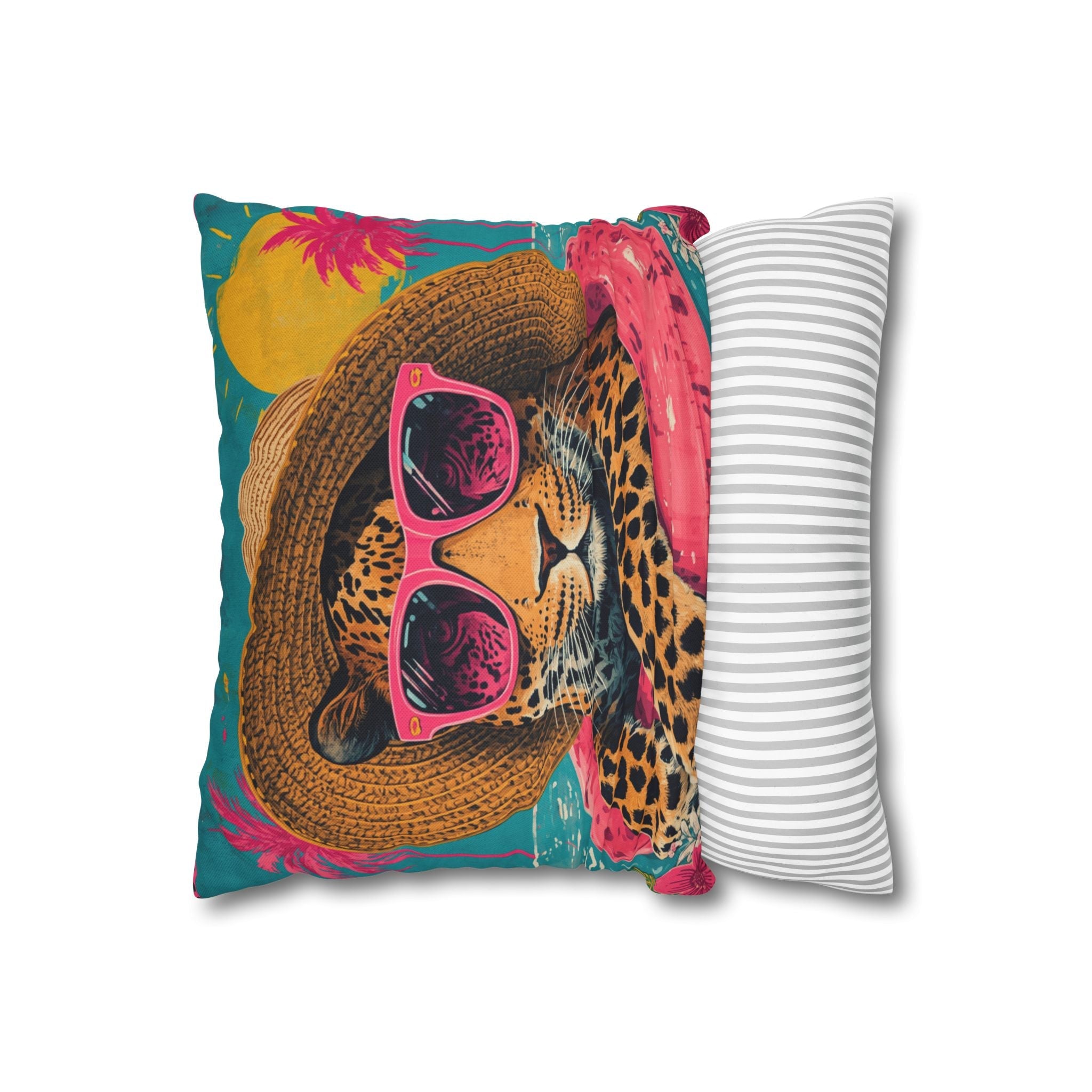 Tropical Leopard Throw Pillow â€” Summer Safari Decorative Pillowcase with Sunglasses & Straw Hat
