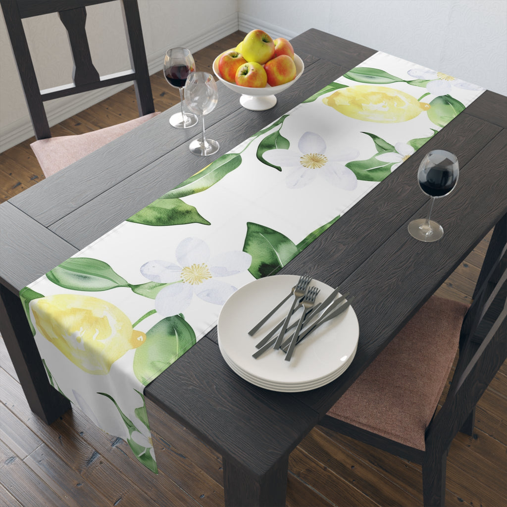 Lemon Blossom Table Runner â€” Citrus Floral Cotton-Poly Decor