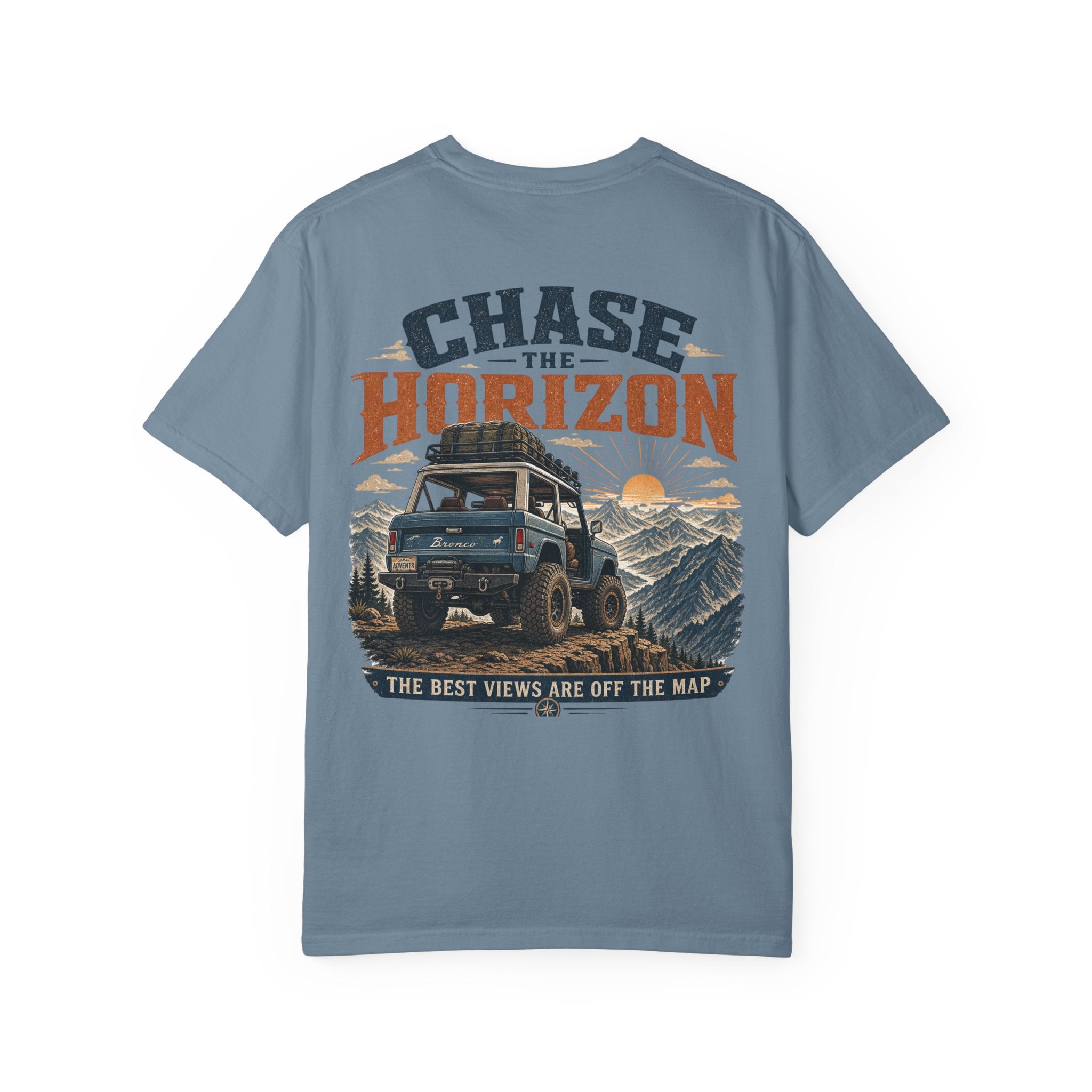 Chase The Horizon Adventure T-Shirt — Off-Road Camper & Mountains Graphic