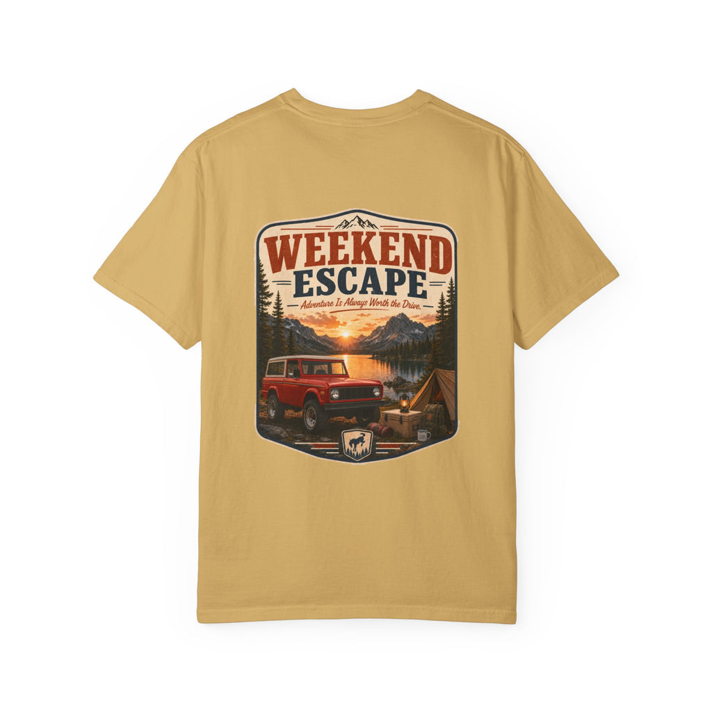 Weekend Escape Camping T-Shirt — Vintage Bronco & Campfire Adventure Tee