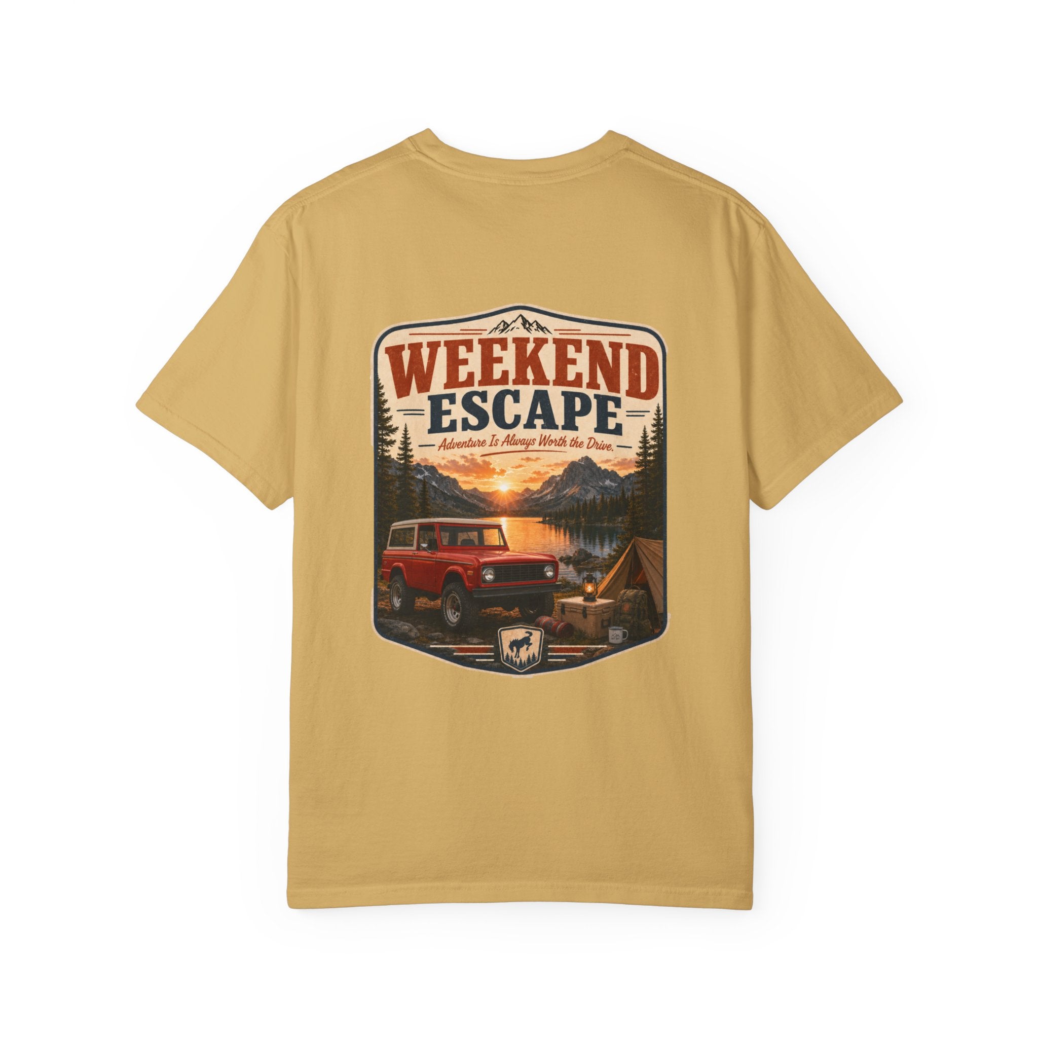Weekend Escape Camping T-Shirt — Vintage Bronco & Campfire Adventure Tee