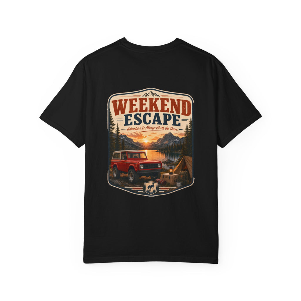 Weekend Escape Camping T-Shirt — Vintage Bronco & Campfire Adventure Tee