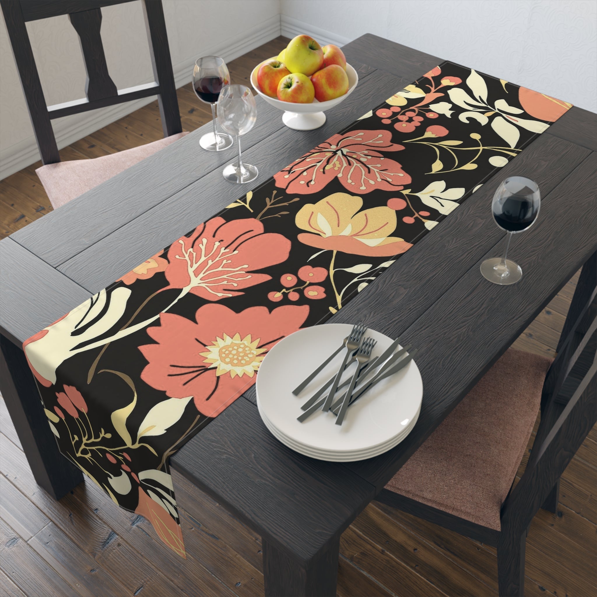 Floral Noir Table Runner â€” Coral & Cream Garden Pattern 16x72
