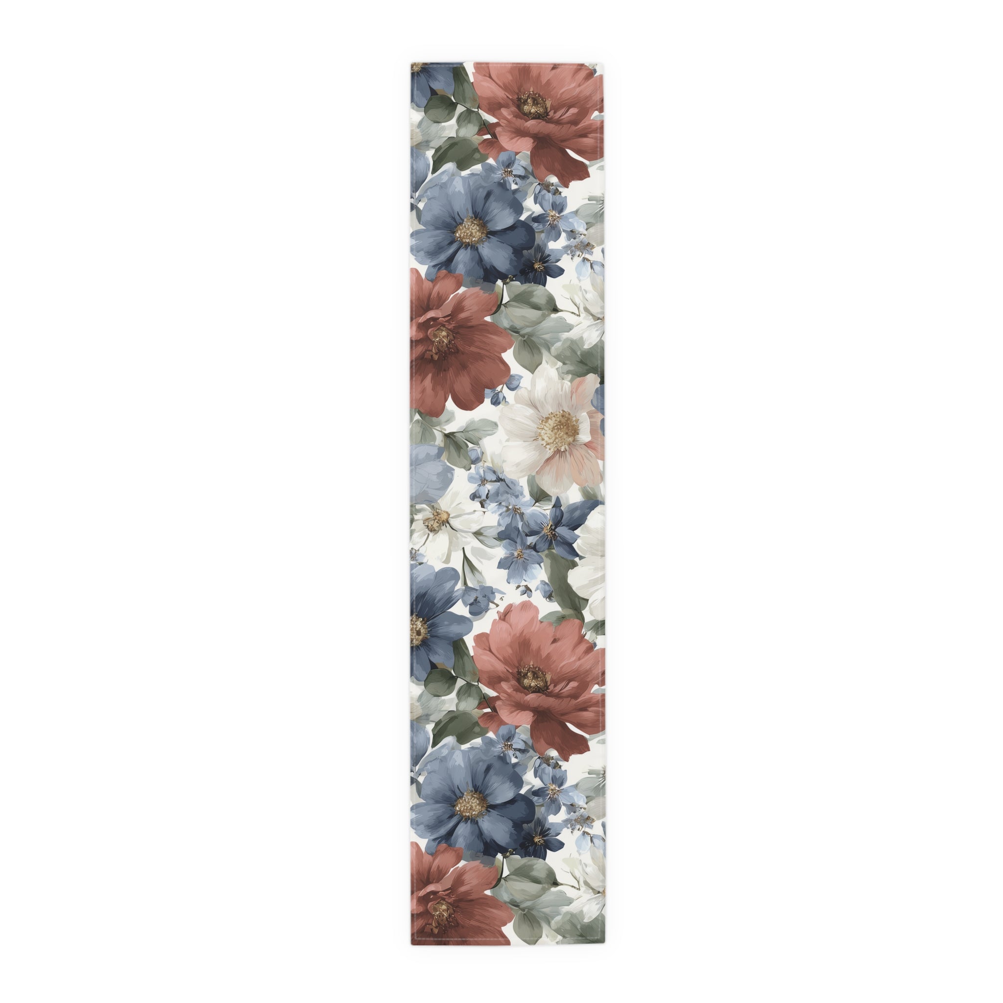 Floral Cotton-Poly Table Runner â€” Blue & Rust Watercolor Garden