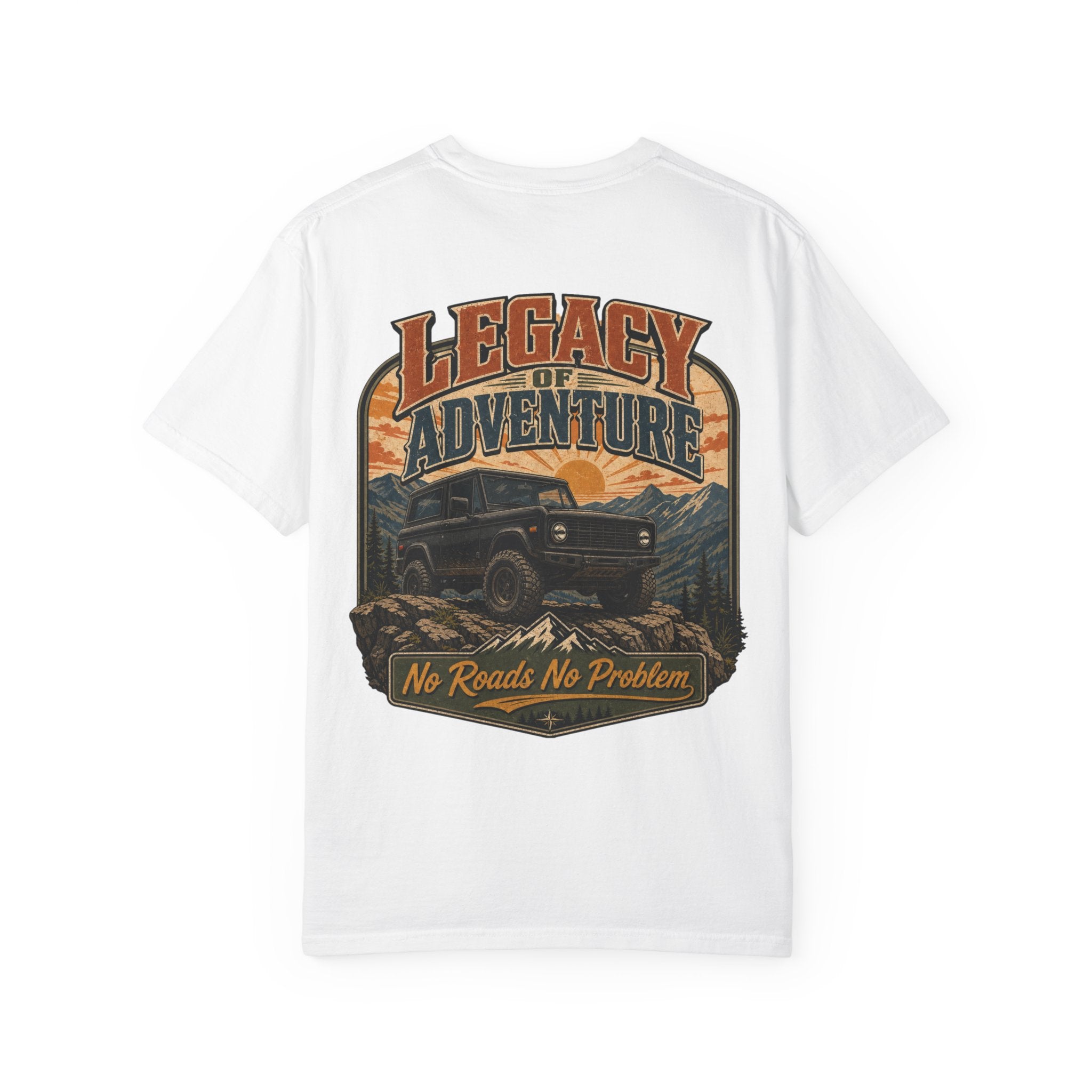 Adventure Bronco T-shirt — "Legacy of Adventure: No Roads No Problem" Graphic Tee