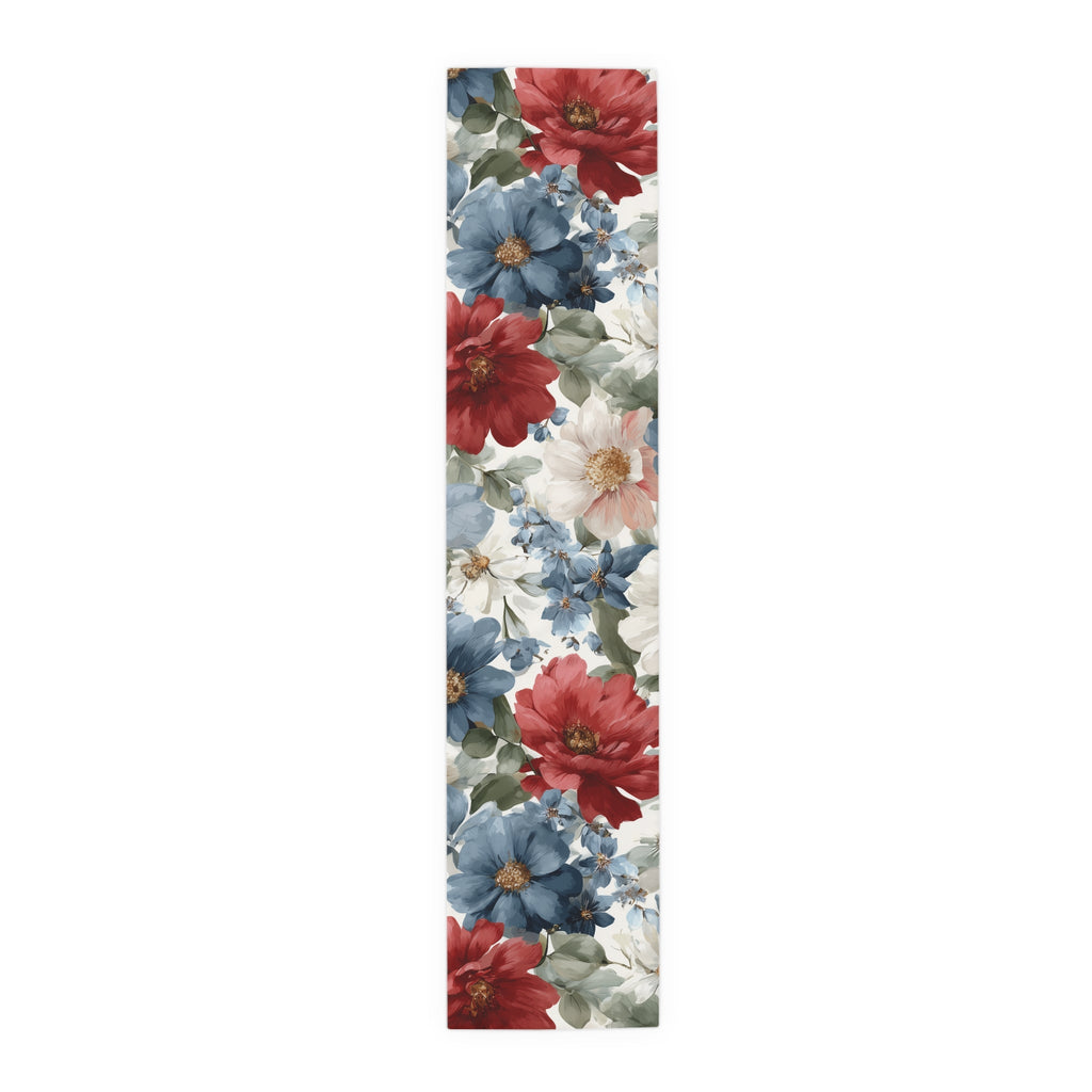 Floral Cotton-Poly Table Runner â€” Blue & Rust Watercolor Garden