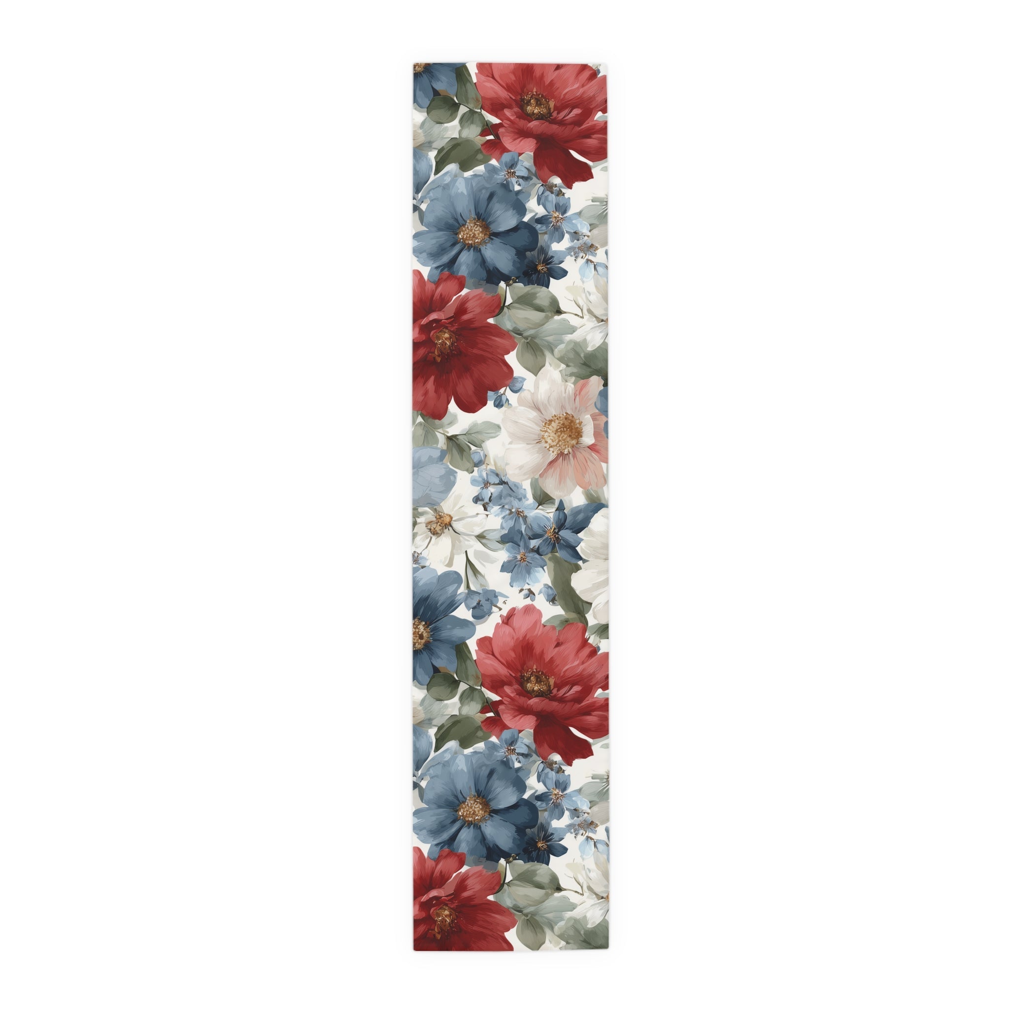Floral Cotton-Poly Table Runner â€” Blue & Rust Watercolor Garden