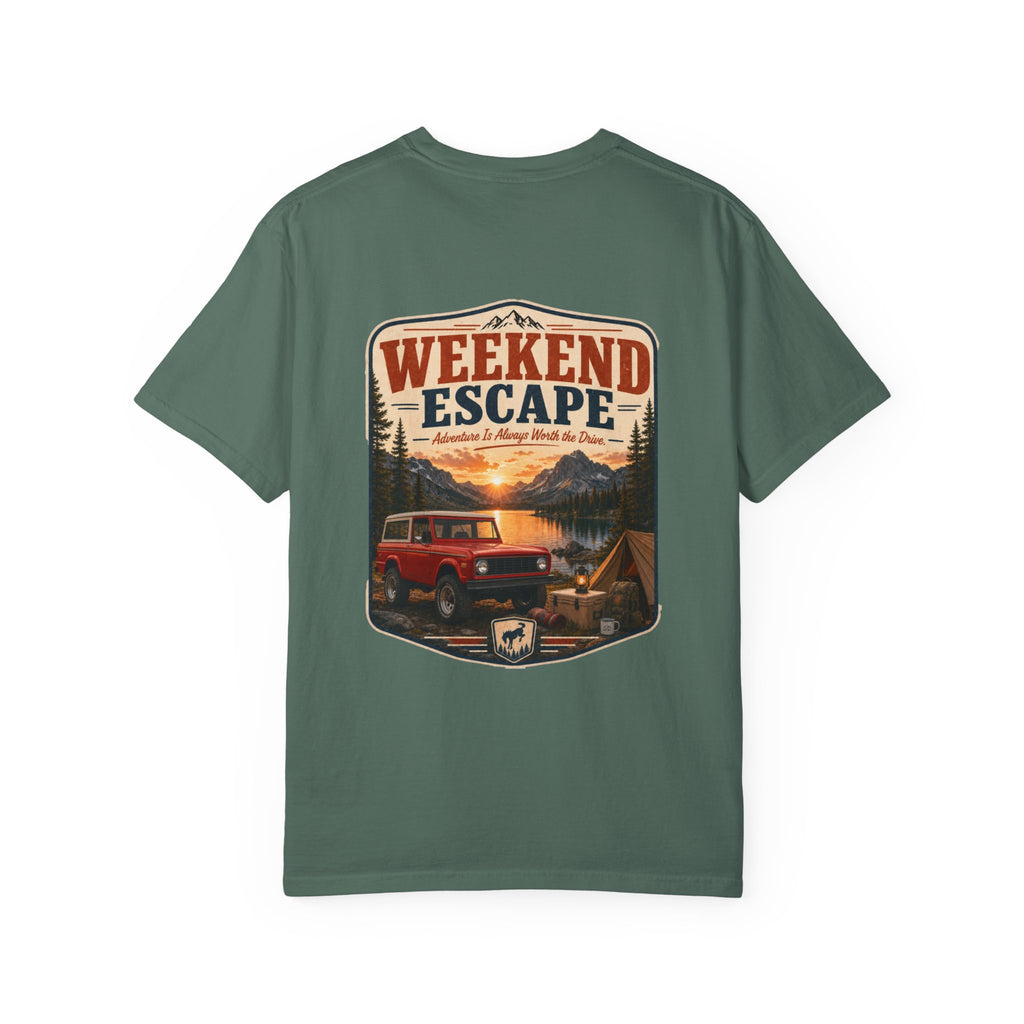 Weekend Escape Camping T-Shirt — Vintage Bronco & Campfire Adventure Tee