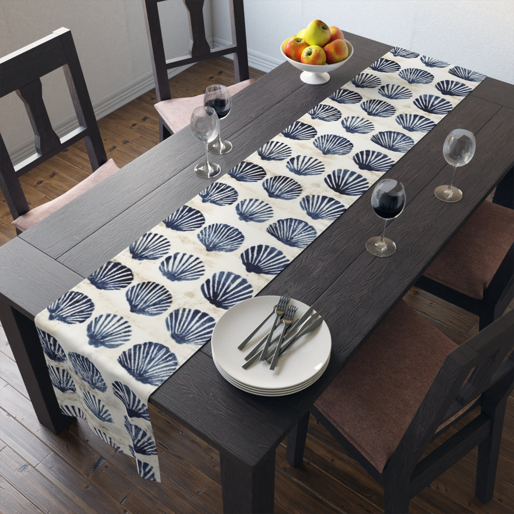 Coastal Navy Shell Table Runner â€“ Blue Seashell Cotton-Poly Dining Decor