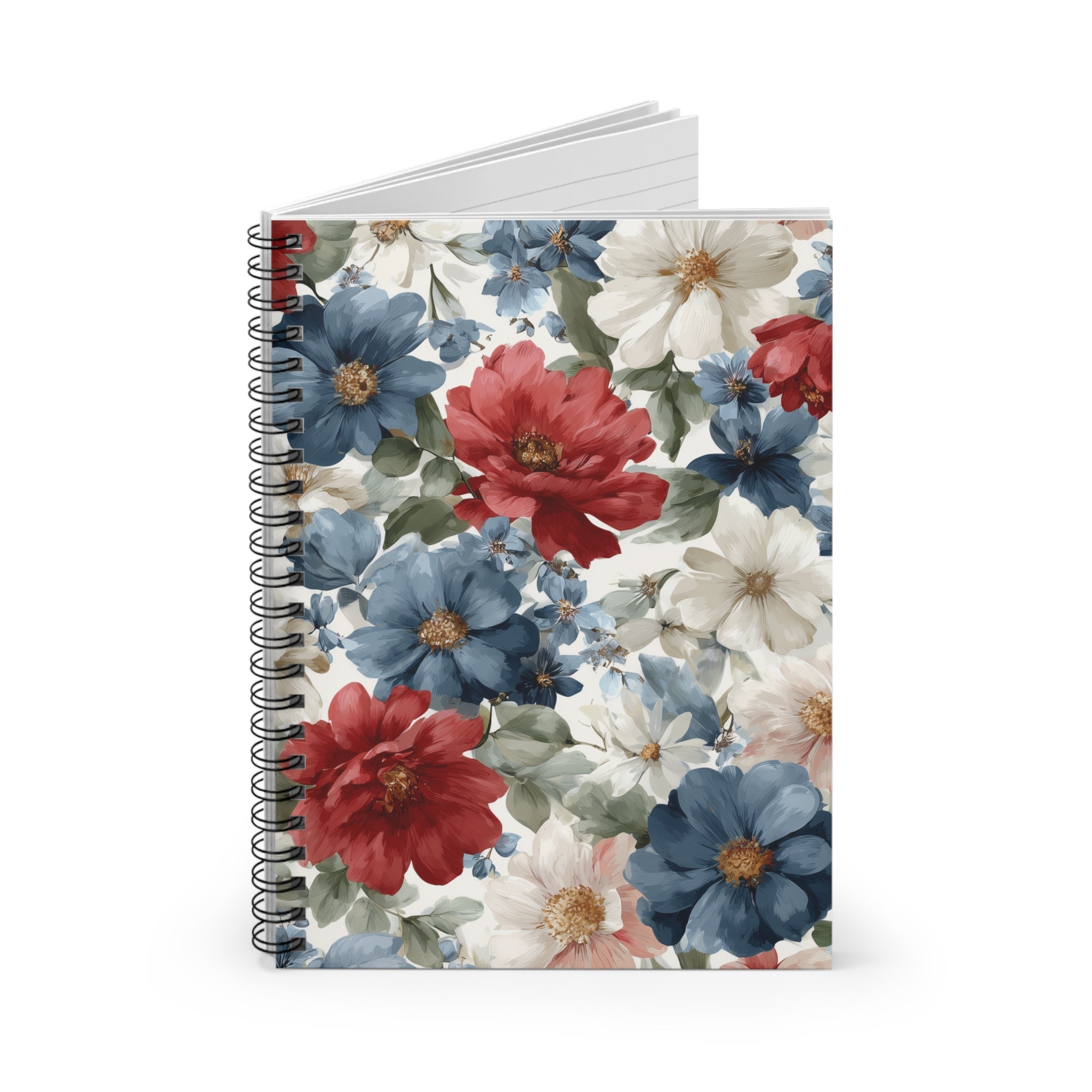 Floral Watercolor Spiral Notebook â€” Red, Blue & White Garden Blooms (Ruled)