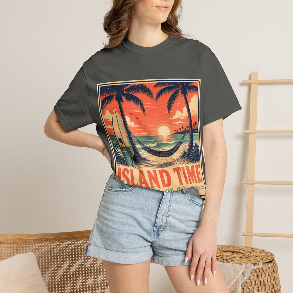 Island Time Graphic T-Shirt — "Island Time: No Rush, No Worries" Vintage Sunset Tee