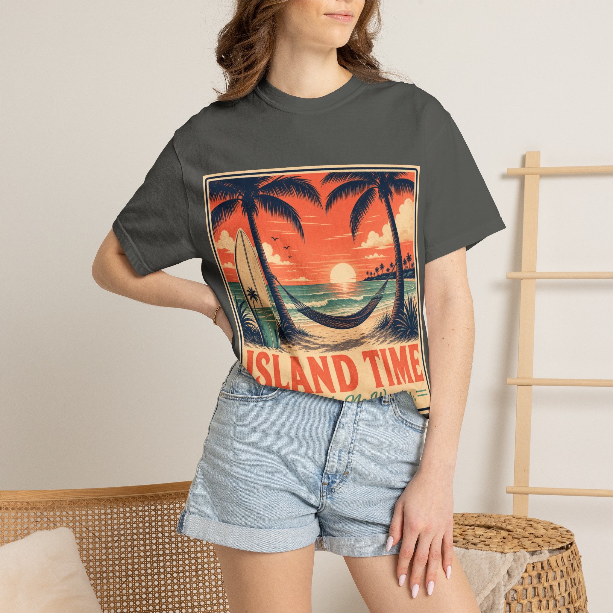 Island Time Graphic T-Shirt — "Island Time: No Rush, No Worries" Vintage Sunset Tee