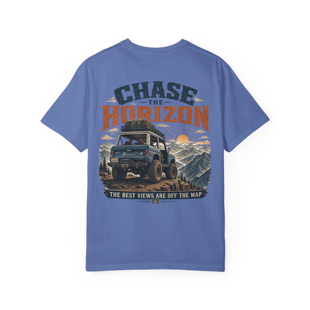Chase The Horizon Adventure T-Shirt — Off-Road Camper & Mountains Graphic