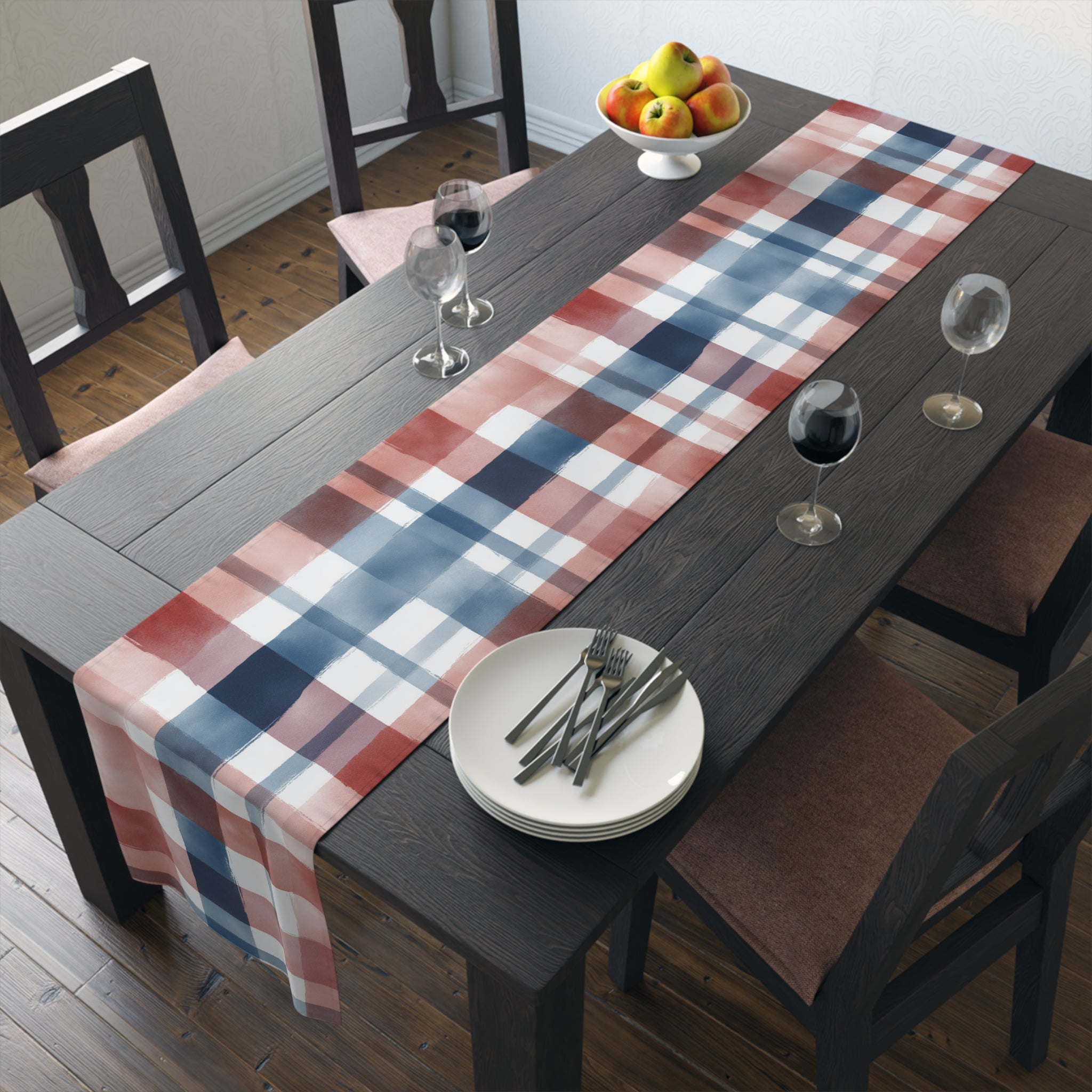 Plaid Watercolor Table Runner â€” Blue & Blush Cotton-Poly Decor