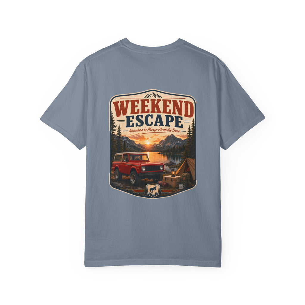 Weekend Escape Camping T-Shirt — Vintage Bronco & Campfire Adventure Tee