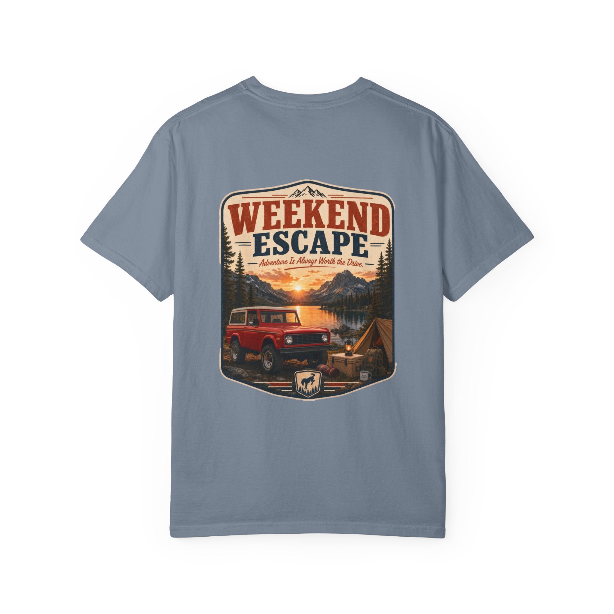 Weekend Escape Camping T-Shirt — Vintage Bronco & Campfire Adventure Tee