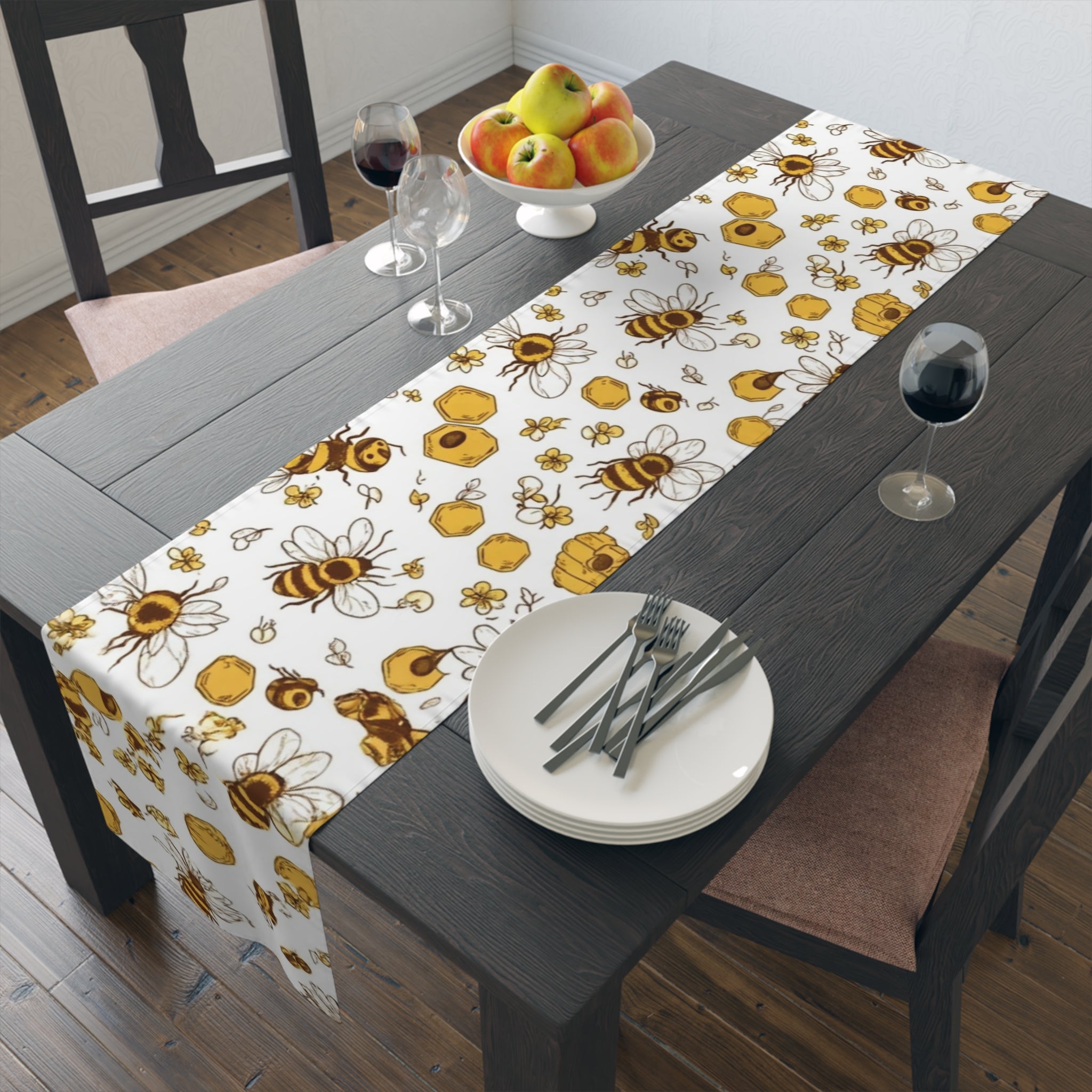 Bee & Honey Floral Table Runner â€” Yellow Bee Pattern Cotton-Poly Home Decor
