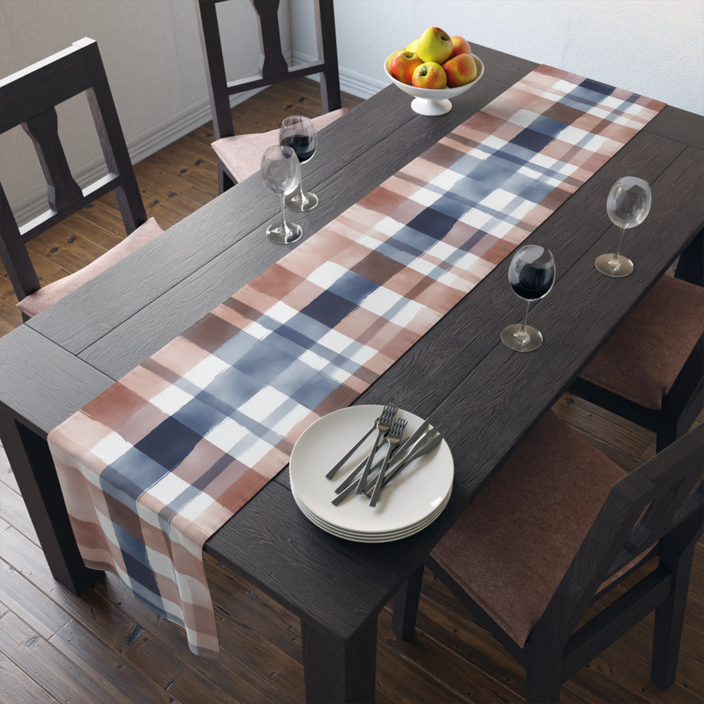 Plaid Watercolor Table Runner â€” Blue & Blush Cotton-Poly Decor