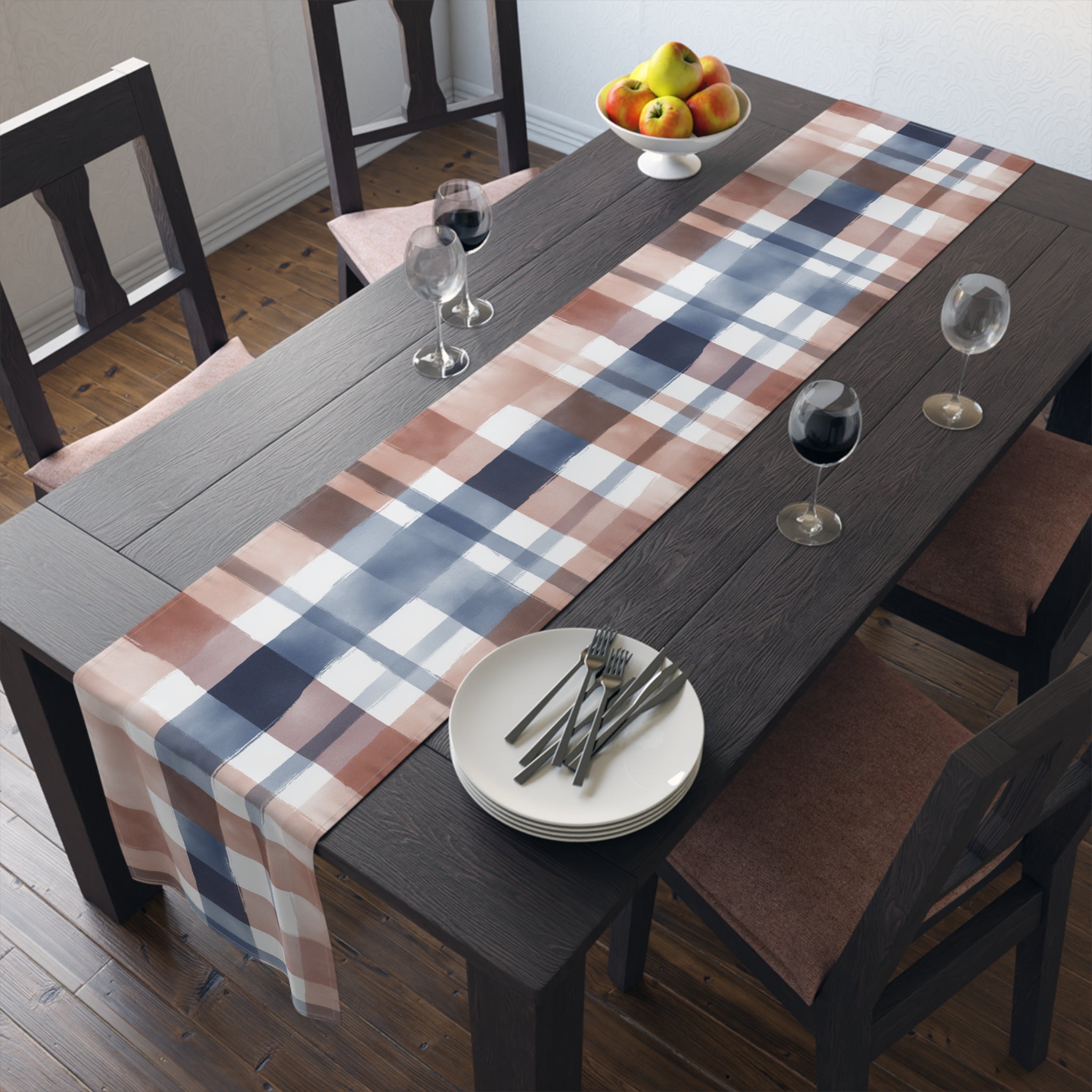 Plaid Watercolor Table Runner â€” Blue & Blush Cotton-Poly Decor