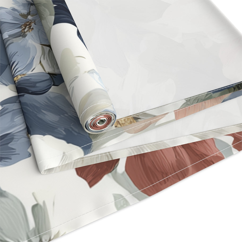 Floral Cotton-Poly Table Runner â€” Blue & Rust Watercolor Garden