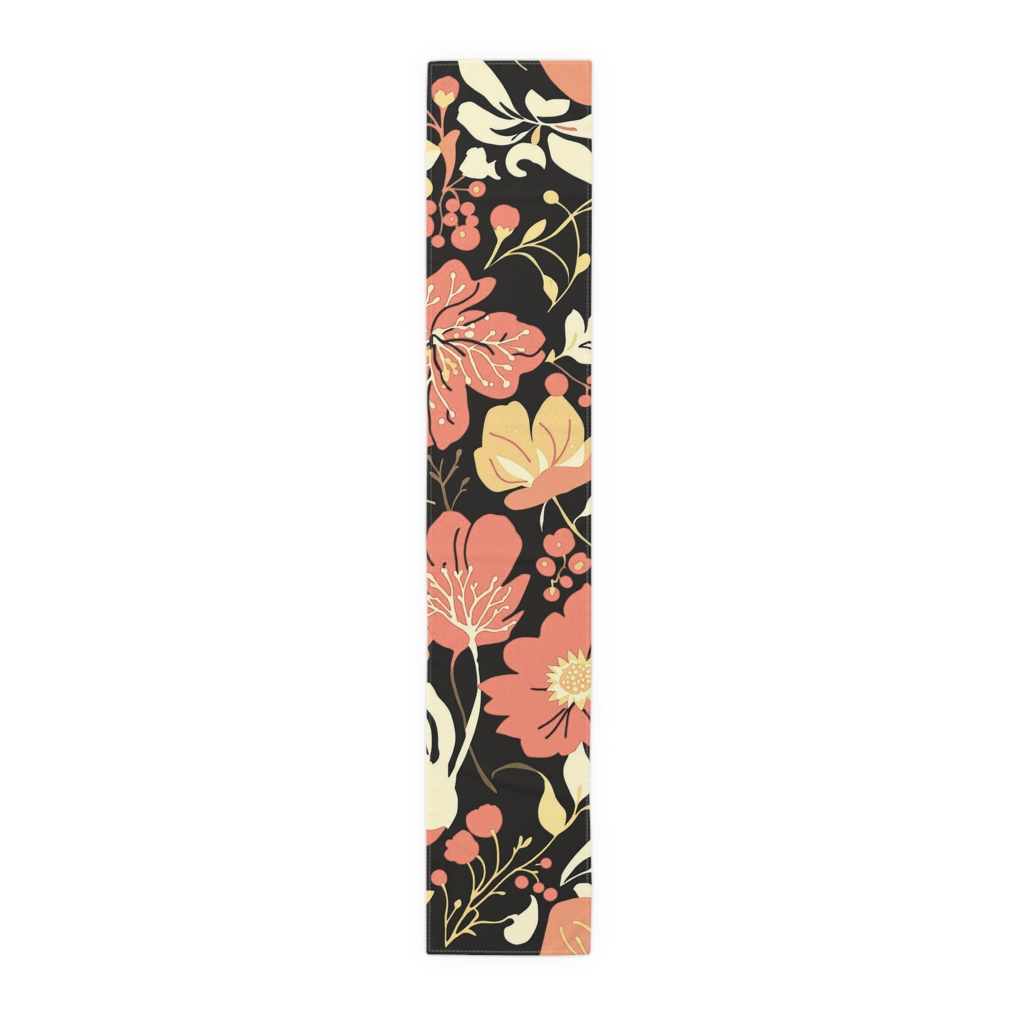 Floral Black & Coral Table Runner â€” Vintage Garden Cotton-Blend Decor 16x90