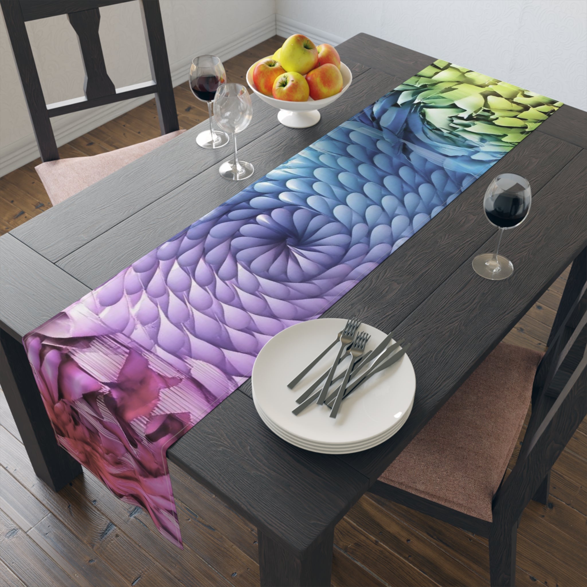 Color Burst Floral Table Runner â€” Rainbow Spiral Cotton-Blend Dining Decor