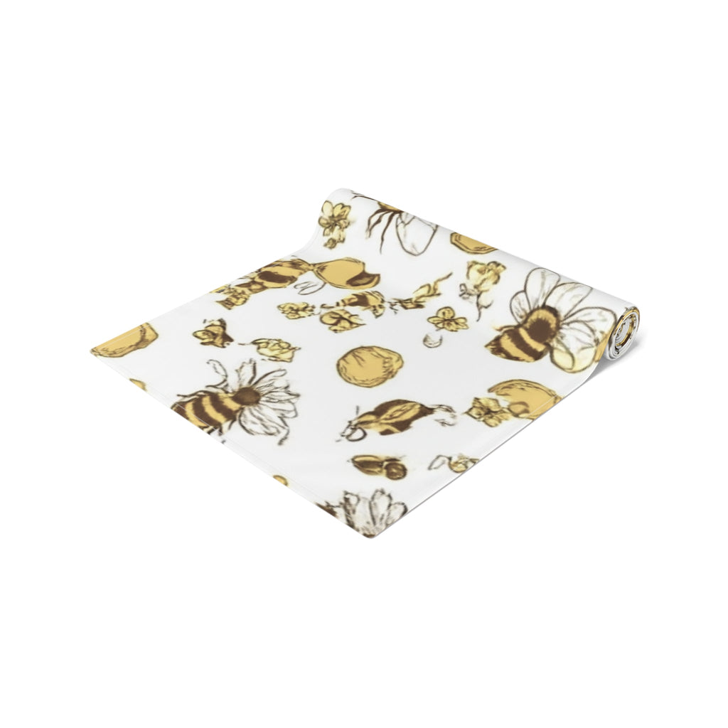 Bee & Honey Floral Table Runner â€” Yellow Bee Pattern Cotton-Poly Home Decor
