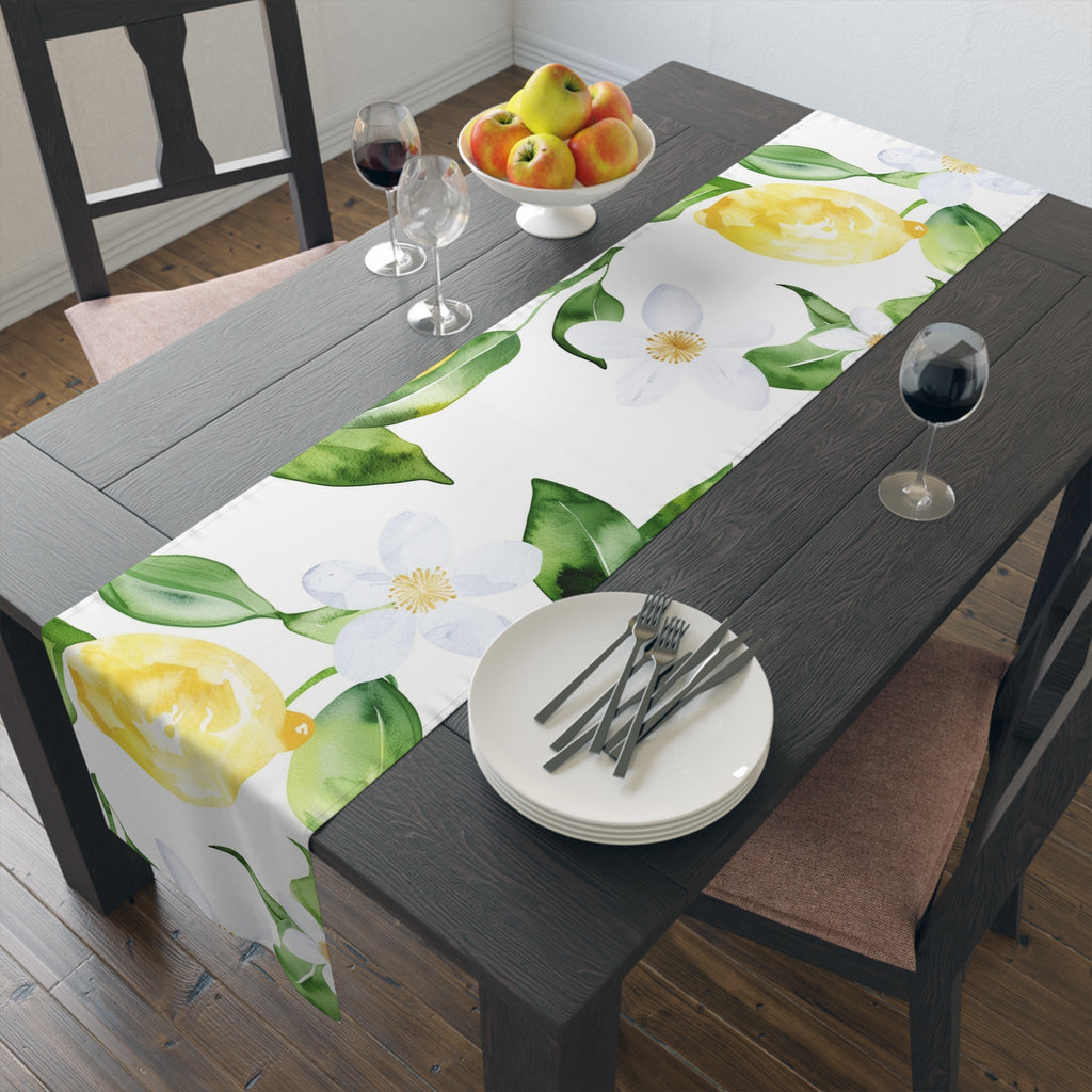 Lemon Blossom Table Runner â€” Citrus Floral Cotton-Poly Decor