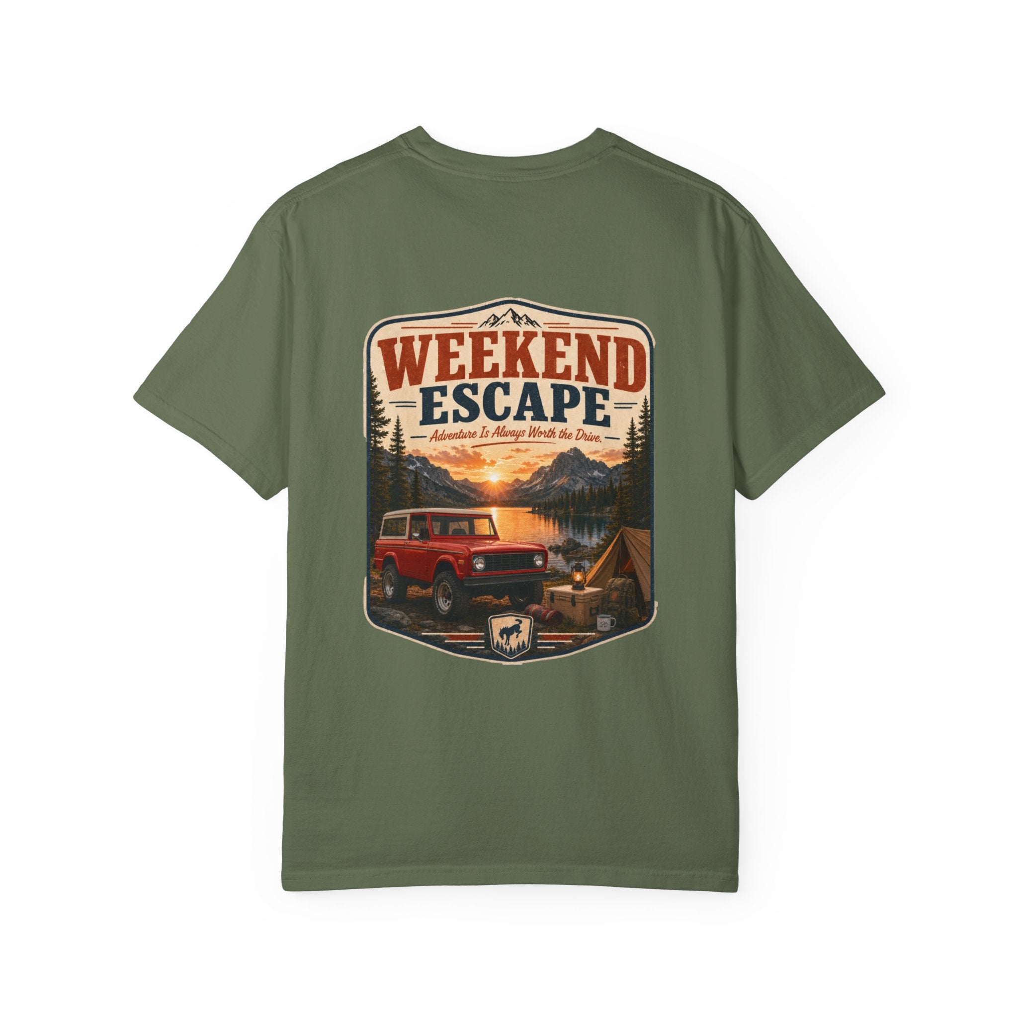 Weekend Escape Camping T-Shirt — Vintage Bronco & Campfire Adventure Tee
