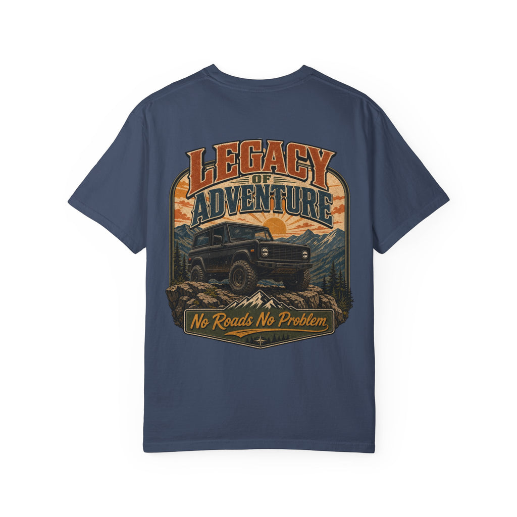 Adventure Bronco T-shirt — "Legacy of Adventure: No Roads No Problem" Graphic Tee