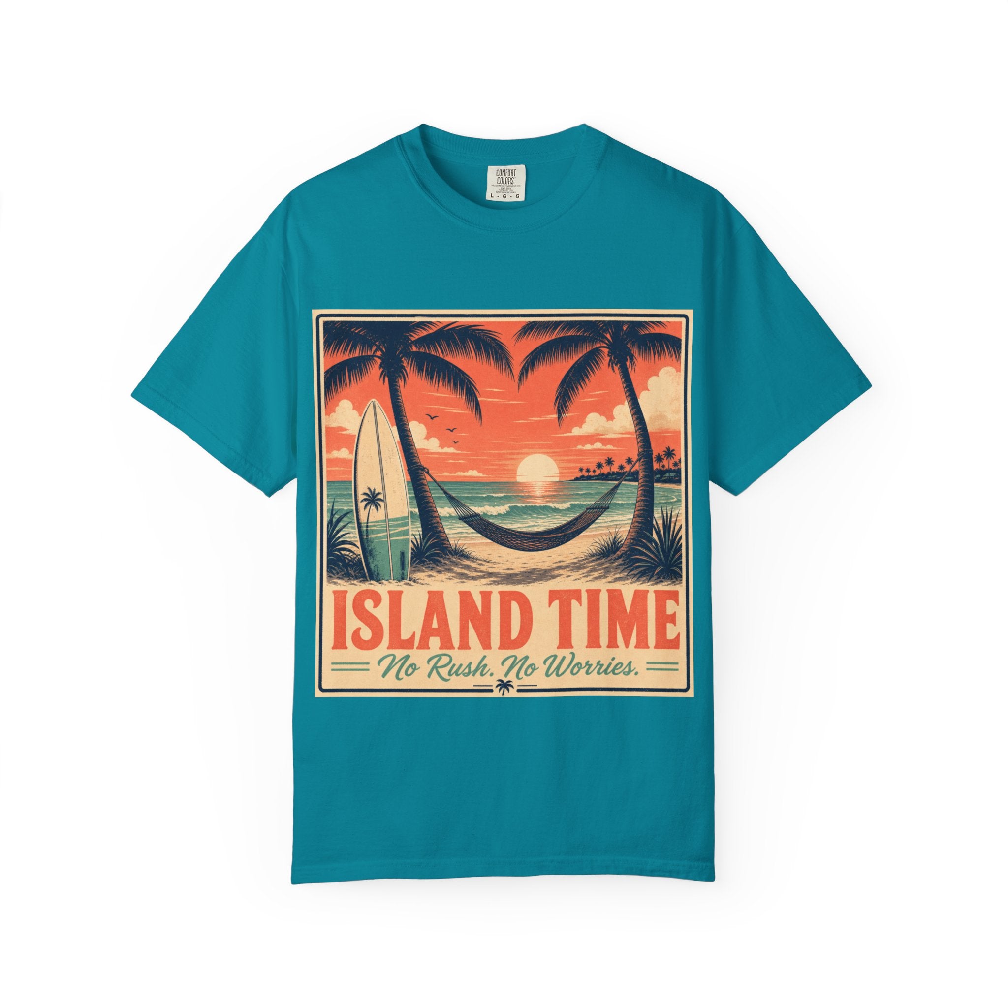 Island Time Graphic T-Shirt — "Island Time: No Rush, No Worries" Vintage Sunset Tee